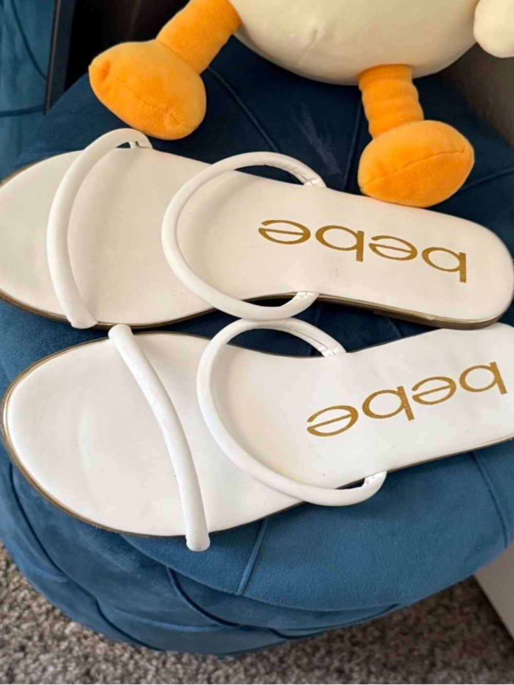 bebe White Double-Strap Slide Sandals with Gold Logo